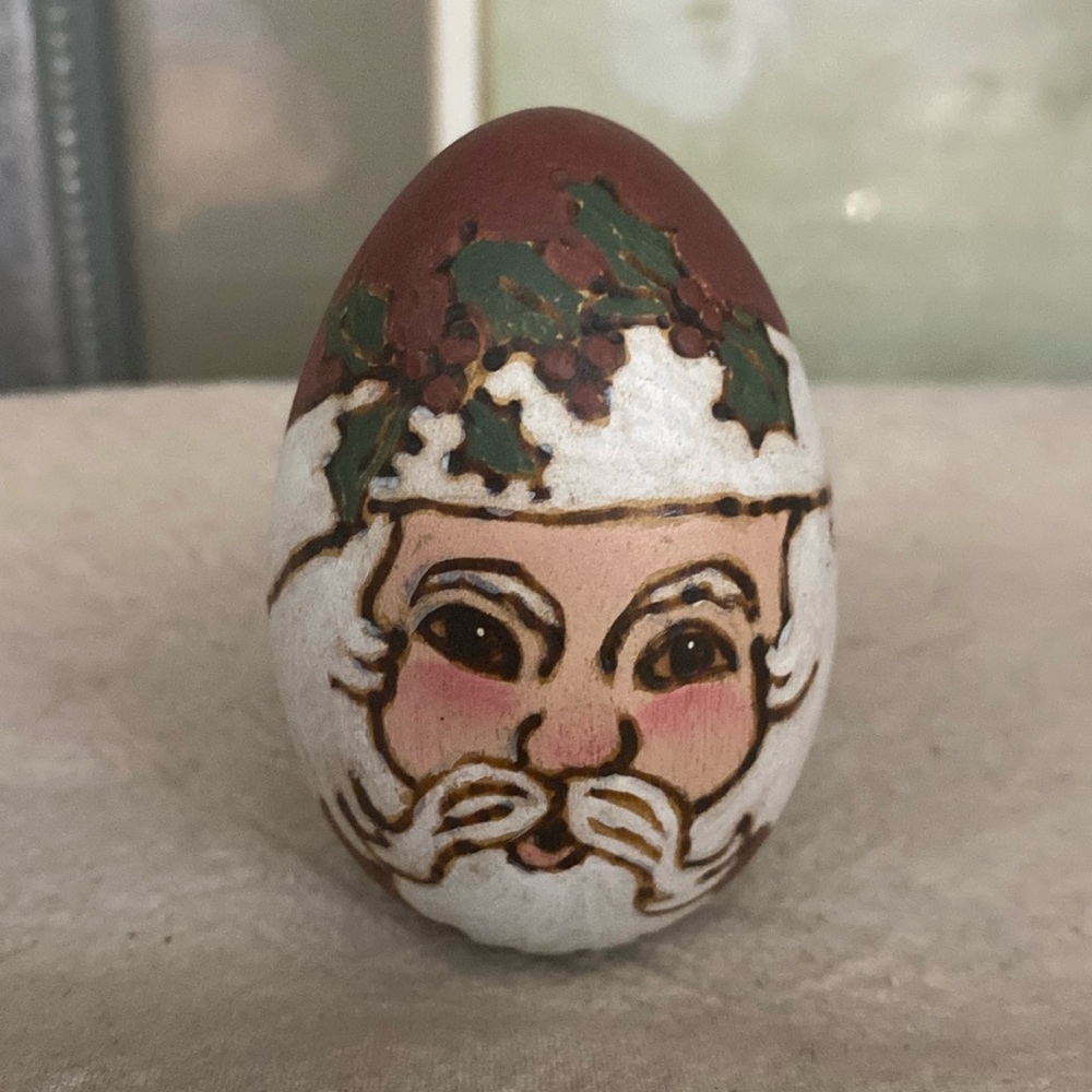 Vintage Wood carved and burned Santa Egg